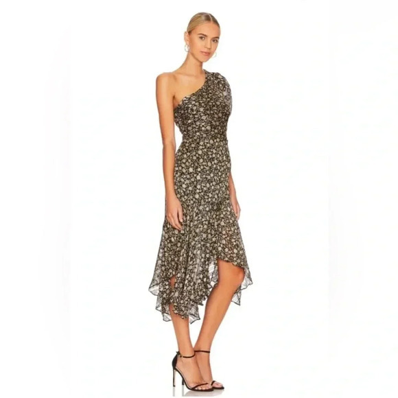 ASTR The Label SANTORINI FLORAL ONE SHOULDER MIDI DRESS SZ‎ M PUFF SLEEVE - Picture 1 of 8